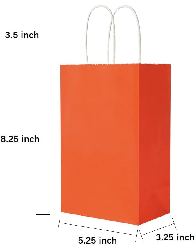 Oikss 50 Pack 5.25x3.25x8.25 Inch Small Orange Kraft Paper Bags with Handles Bulk for Birthday Wedding Party Favors Grocery Retail Shopping Business Goody Craft Gift Bags Cub Sacks, 50 Count