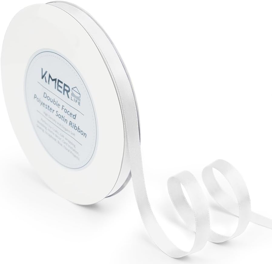 Double Face White Satin Ribbon 3/8 inch X 50 Yards Polyester White Ribbon for Wedding Decor, Wreath, Gift Package Wrapping and Other Projects