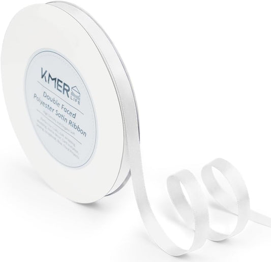 Double Face White Satin Ribbon 3/8 inch X 50 Yards Polyester White Ribbon for Wedding Decor, Wreath, Gift Package Wrapping and Other Projects