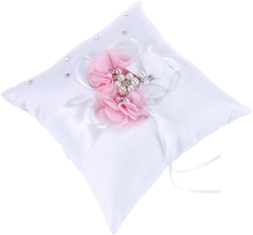 Wedding Ring Pillow Cushion with Pearl and Flower Decoration Elegant White Pink Ring Bearer Pillow for Wedding Ceremonies and Special Occasions