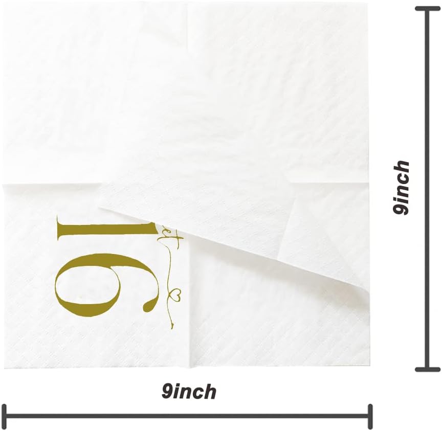 SharkBliss Sweet 16 Happy Birthday Cocktail Napkins, 100 Pack Gold Sweet 16 Happy Birthday Paper Cocktail Beverage Napkins in Bulk for His Her Sixteen 16th Birthday | 2-Ply, 5x5" (Sweet 16 Napkins)