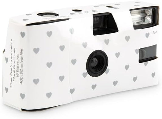 Weddingstar Disposable Camera with Flash - Single Use 35mm Film Camera for Wedding or Party Favors - Silver Hearts (10 Pack)