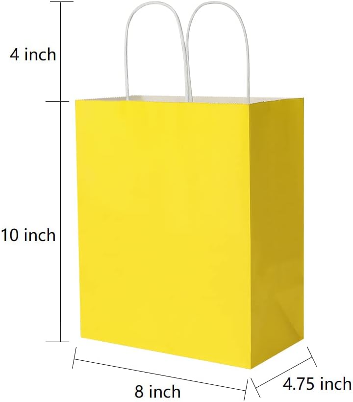 Oikss 50 Pack 8x4.75x10 Inch Medium Yellow Kraft Paper Bags with Handles Bulk for Birthday Wedding Party Favors Grocery Retail Shopping Takeout Business Goody Craft Gift Bags Sacks, (50pcs Count)