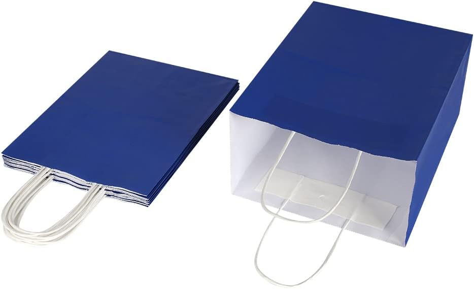 Oikss 50 Pack 8x4.75x10 Inch Medium Royal Blue Kraft Paper Bags with Handles Bulk for Birthday Wedding Party Favors Grocery Retail Shopping Takeout Business Goody Craft Gift Bags Sacks, (50pcs Count)