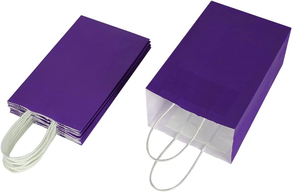 Oikss 50 Pack 5.25x3.25x8.25 Inch Small Purple Kraft Paper Bags with Handles Bulk for Birthday Wedding Party Favors Grocery Retail Shopping Business Goody Craft Gift Bags Cub Sacks, 50 Count
