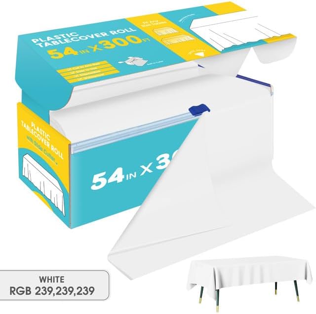 White Plastic Table Cover Roll - 54IN x 300FT, Table Cloth for Rectangle Table with Slide Cutter, Plastic Table Cloth Disposable with Cut-to-Size Design for Weddings, Banquets, Parties
