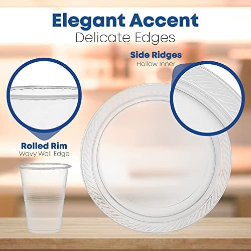 780 Piece Disposable Clear Tableware Set for 120 Guests By StockHomery- Microwavable Plastic Dinnerware Set of 120 9” Plates, 180 6” Dessert Plates, 120 9oz Cups,120 Spoons, Forks, Knives,