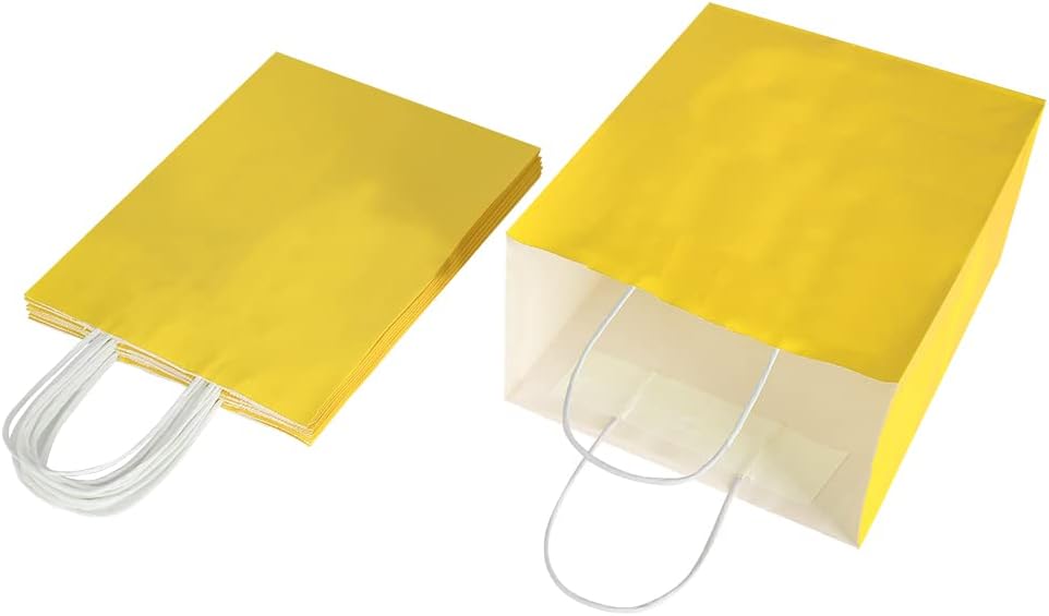 Oikss 50 Pack 8x4.75x10 Inch Medium Yellow Kraft Paper Bags with Handles Bulk for Birthday Wedding Party Favors Grocery Retail Shopping Takeout Business Goody Craft Gift Bags Sacks, (50pcs Count)
