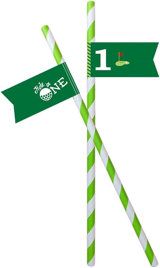 Golf Themed Birthday Party Straw Decor, 20 PCS Hole In One 1st Birthday Disposable Paper Cocktail Drinking Straw With Flag Tag for Baby 1st Birthday Party Decorations (Hole In 1)