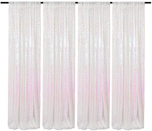 Iridescent White Sequin Backdrop Curtains 4 Panels 2FTx8FT Glitter Iridescent White Photo Backdrop Party Wedding Baby Shower Curtain Sparkle Photography Background