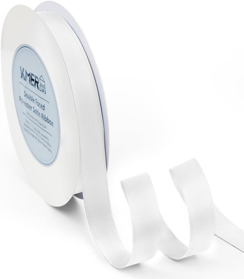 Double Face White Satin Ribbon 5/8 inch X 50 Yards Polyester White Ribbon for Wedding Decor, Wreath, Gift Package Wrapping and Other Projects