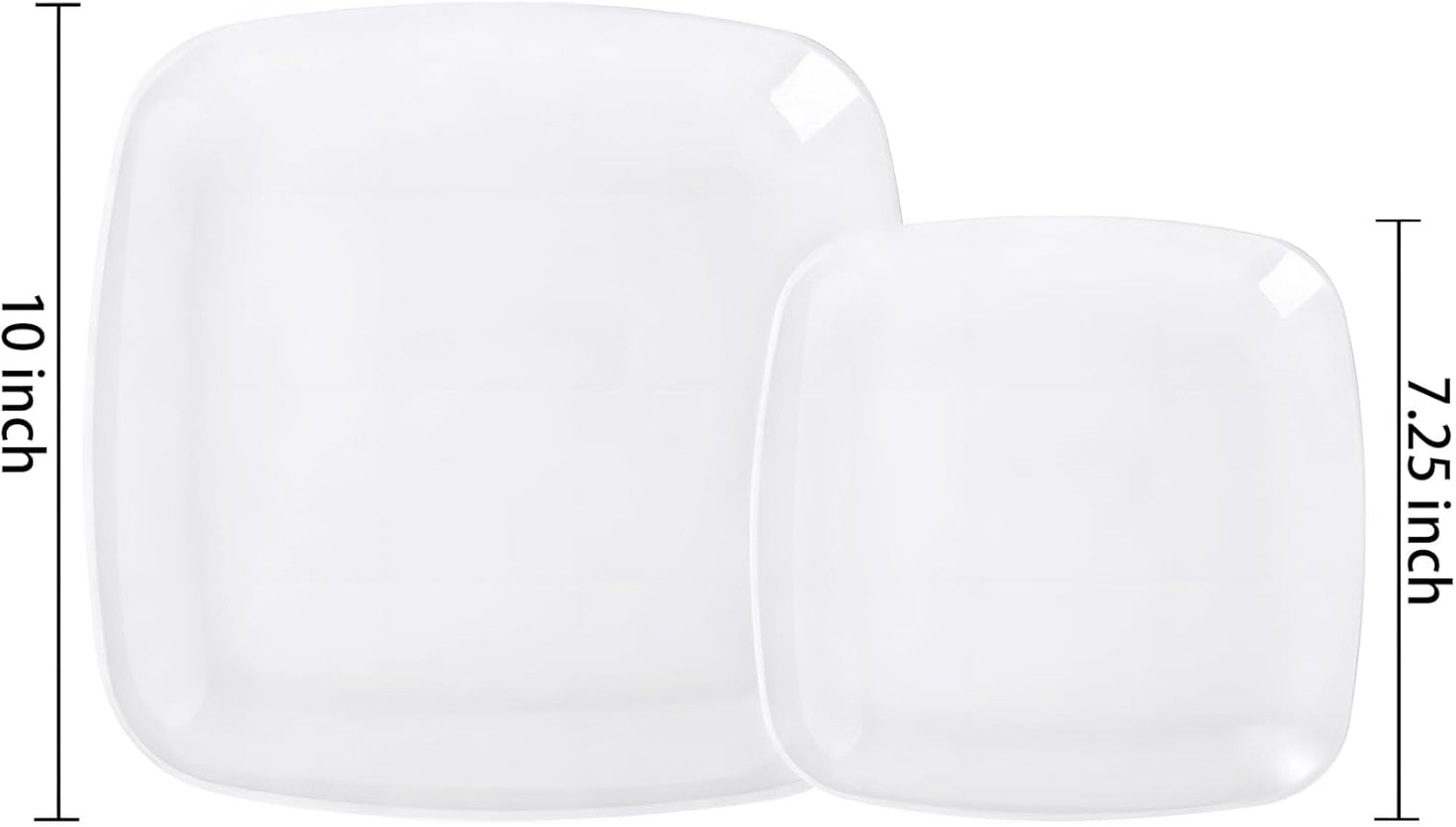 PULOTE 100PCS White Plastic Plates - White Square Disposable Include 50 Dinner 10 inch & 50 Dessert 7.25inch Plates, Ideal for Party & Wedding