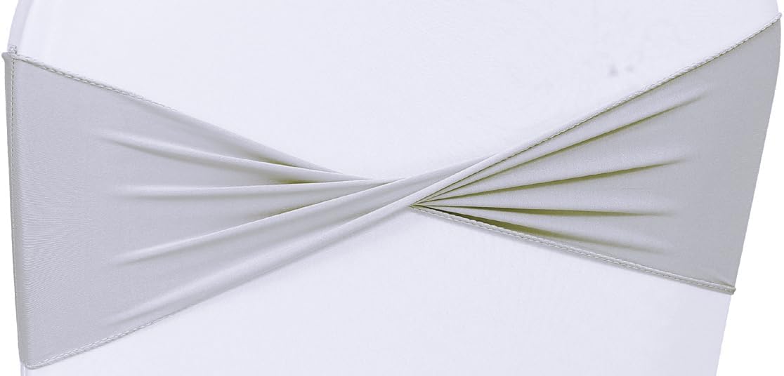 MDS Pack of 150 Spandex Chair Sashes Bows Elastic Stretch Dining Chair Bands Ties Without Slider Buckle Universal fits for Wedding Baby Shower Birthday Party Banquet Event Decoration - Light Silver