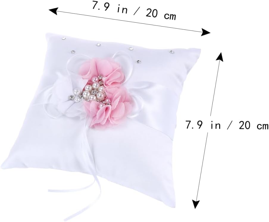 Wedding Ring Pillow Cushion with Pearl and Flower Decoration Elegant White Pink Ring Bearer Pillow for Wedding Ceremonies and Special Occasions