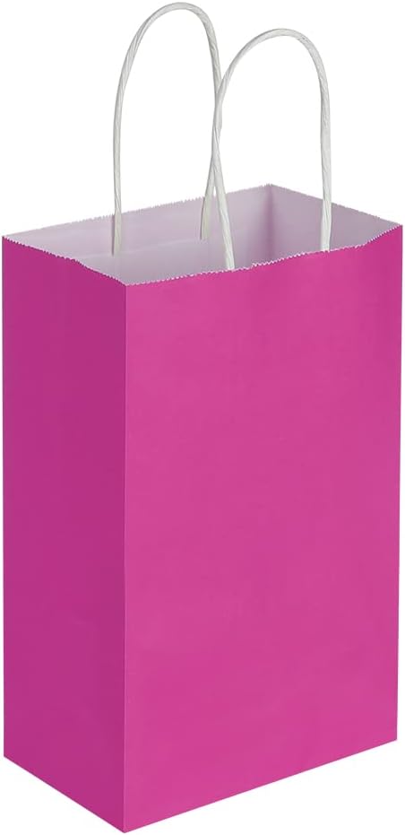 Oikss 50 Pack 5.25x3.25x8.25 Inch Small Hot Pink Kraft Paper Bags with Handles Bulk for Birthday Wedding Party Favors Grocery Retail Shopping Business Goody Craft Gift Bags Sacks (Fuchsia 50pcs Count)