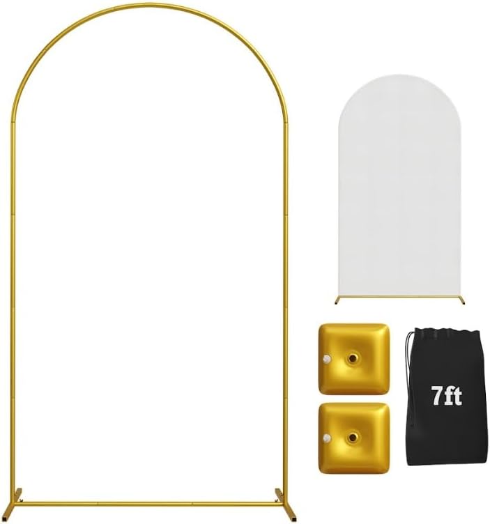 7.2FT Gold Wedding Backdrop Arch Stand with White Spandex Cover – Metal Frame, Water Weights & Storage Bag – Party, Birthday, Baby Shower, Bridal Shower, Wedding Ceremony, Photo Booth Decor