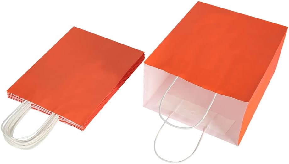Oikss 50 Pack 8x4.75x10 Inch Medium Orange Kraft Paper Bags with Handles Bulk for Birthday Wedding Party Favors Grocery Retail Shopping Takeout Business Goody Craft Gift Bags Sacks, (50pcs Count)