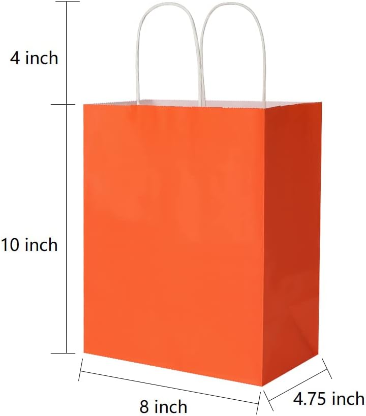 Oikss 50 Pack 8x4.75x10 Inch Medium Orange Kraft Paper Bags with Handles Bulk for Birthday Wedding Party Favors Grocery Retail Shopping Takeout Business Goody Craft Gift Bags Sacks, (50pcs Count)