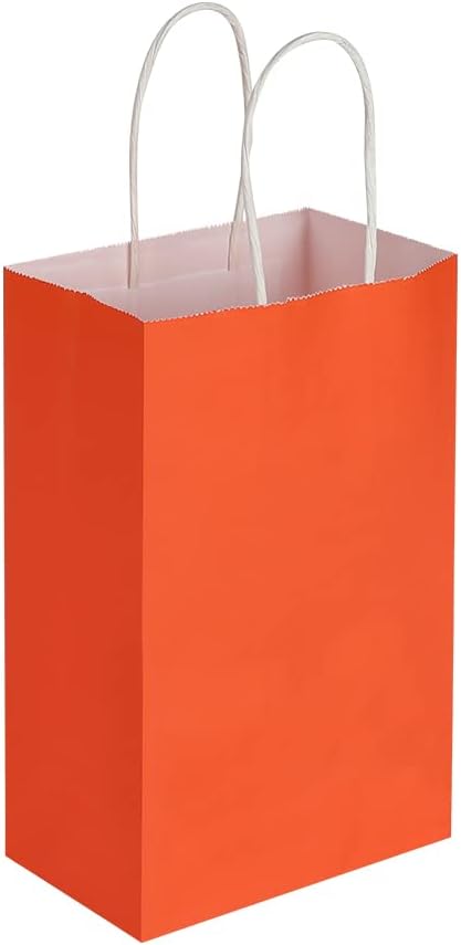 Oikss 50 Pack 5.25x3.25x8.25 Inch Small Orange Kraft Paper Bags with Handles Bulk for Birthday Wedding Party Favors Grocery Retail Shopping Business Goody Craft Gift Bags Cub Sacks, 50 Count