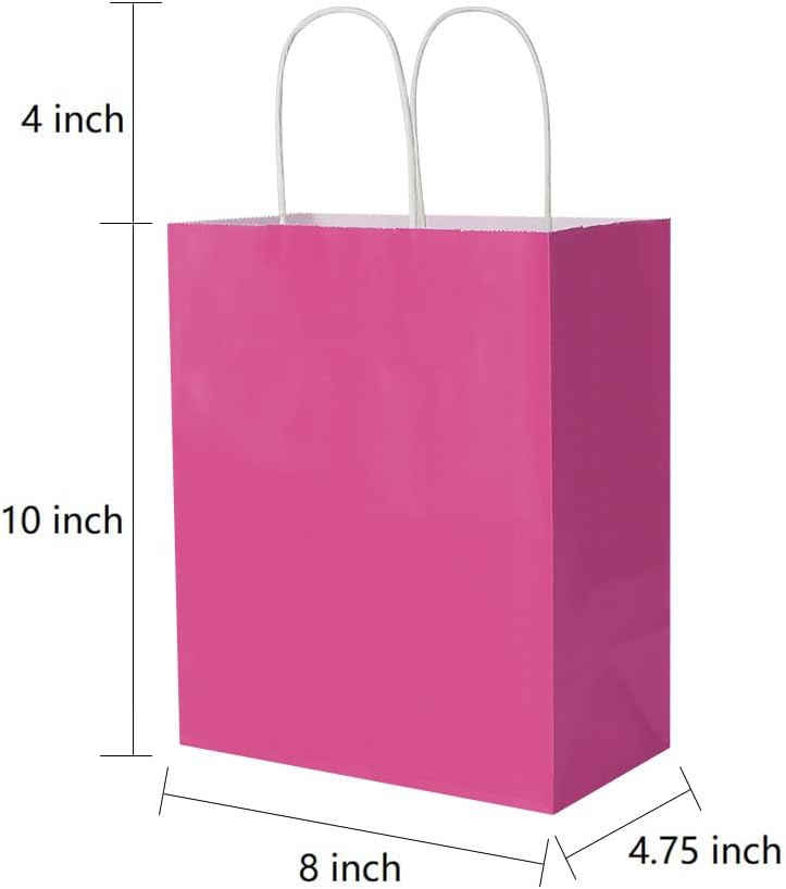 Oikss 50 Pack 8x4.75x10 Inch Medium Hot Pink Kraft Paper Bags with Handles Bulk for Birthday Wedding Party Favors Grocery Retail Shopping Business Goody Craft Gift Bags Sacks (Fuchsia 50pcs Count)