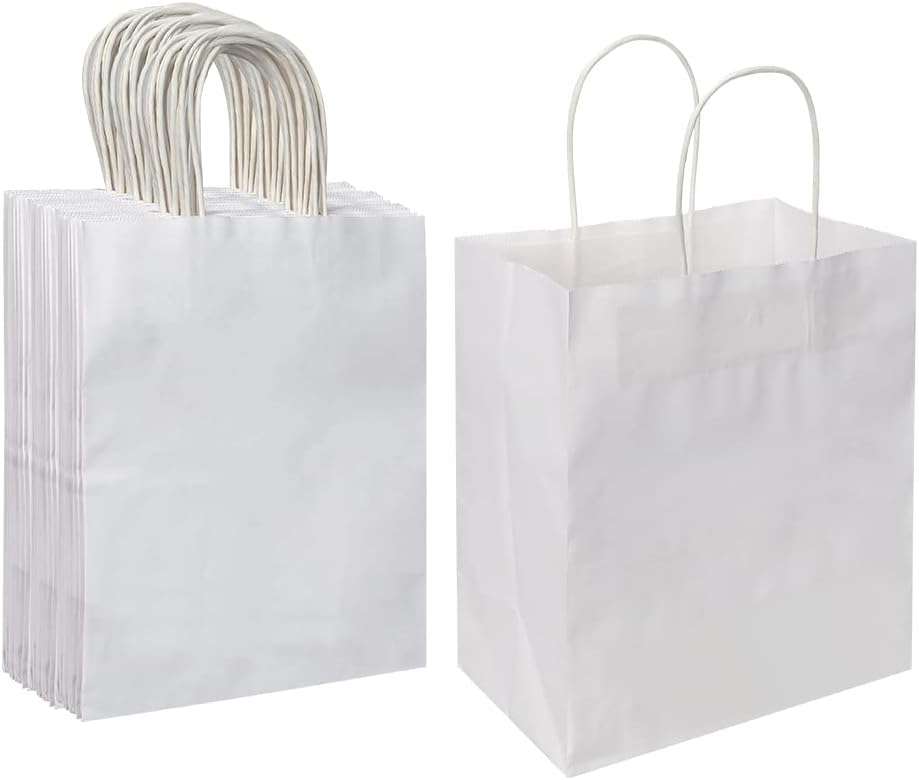 Oikss 50 Pack 8x4.75x10 Inch Medium White Kraft Paper Bags with Handles Bulk for Birthday Wedding Party Favors Grocery Retail Shopping Takeout Business Goody Craft Gift Bags Sacks, 50 Count