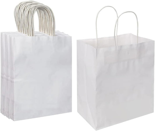 Oikss 50 Pack 8x4.75x10 Inch Medium White Kraft Paper Bags with Handles Bulk for Birthday Wedding Party Favors Grocery Retail Shopping Takeout Business Goody Craft Gift Bags Sacks, 50 Count