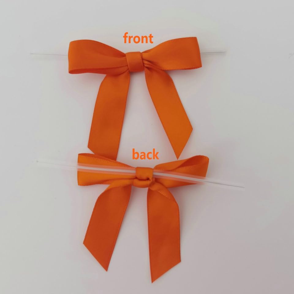50pcs 2-1/2" Orange Twist Ties Satin Ribbon Bows in Pumpkin Color for Thanks Giving Halloween Wrapping Twist Tie Bows Hot Cutting(Orange)