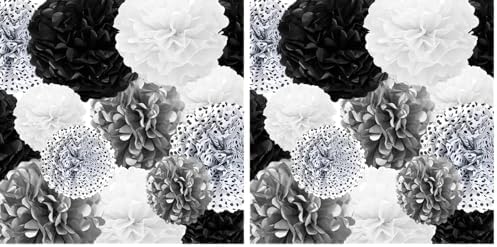 Tissue Paper Pompoms Paper Flower 22 Pcs Black,Silver, Polka Dot, White Paper Flower Ball for Birthday Bachelorette Wedding Baby Shower Bridal Shower Party Decoration (Pack of 2)