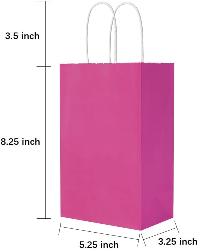 Oikss 50 Pack 5.25x3.25x8.25 Inch Small Hot Pink Kraft Paper Bags with Handles Bulk for Birthday Wedding Party Favors Grocery Retail Shopping Business Goody Craft Gift Bags Sacks (Fuchsia 50pcs Count)