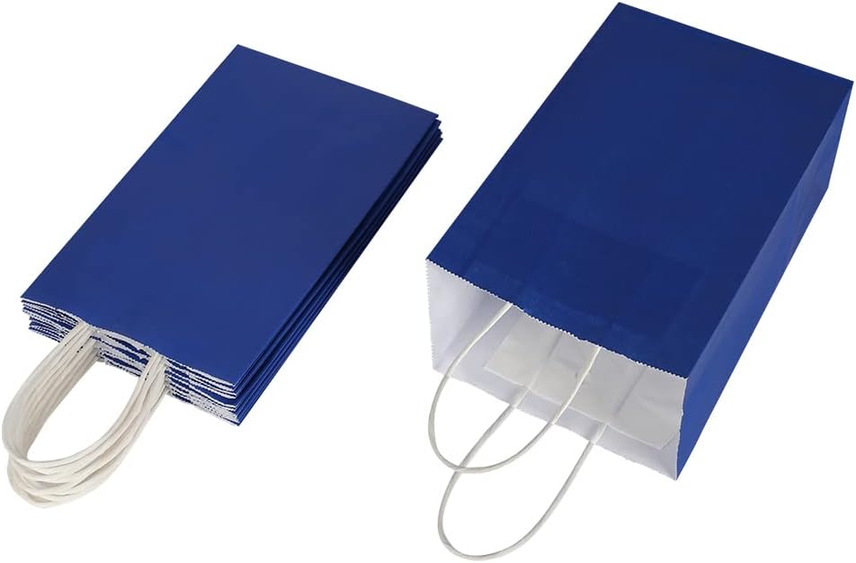 Oikss 50 Pack 5.25x3.25x8.25 Inch Small Royal Blue Kraft Paper Bags with Handles Bulk for Birthday Wedding Party Favors Grocery Retail Shopping Business Goody Craft Gift Bags Cub Sacks, 50 Count