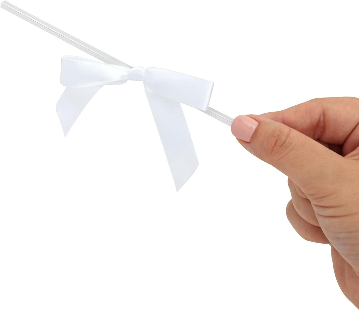 Juvale Twist Tie Bows - 100 Count, White, 3 x 2.5 in Satin Ribbon - Pre-Tied Gift Bows - Twist Ties for Cake & Crafts