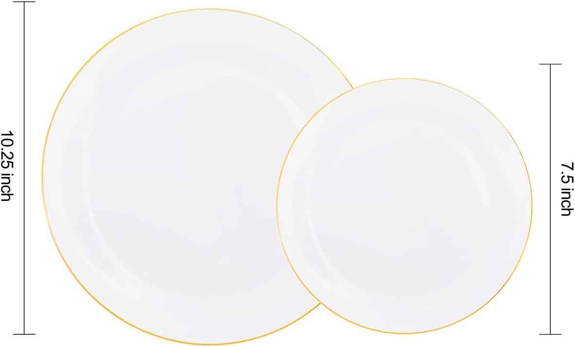 KIRE 60PCS Gold Plastic Plates - Thanksgiving Heavy Duty White Disposable Plates with Gold Rim for Party/Wedding- Include 30Pieces 10.25inch Dinner Plate and 30Pcs 7.5inch Dessert Plate