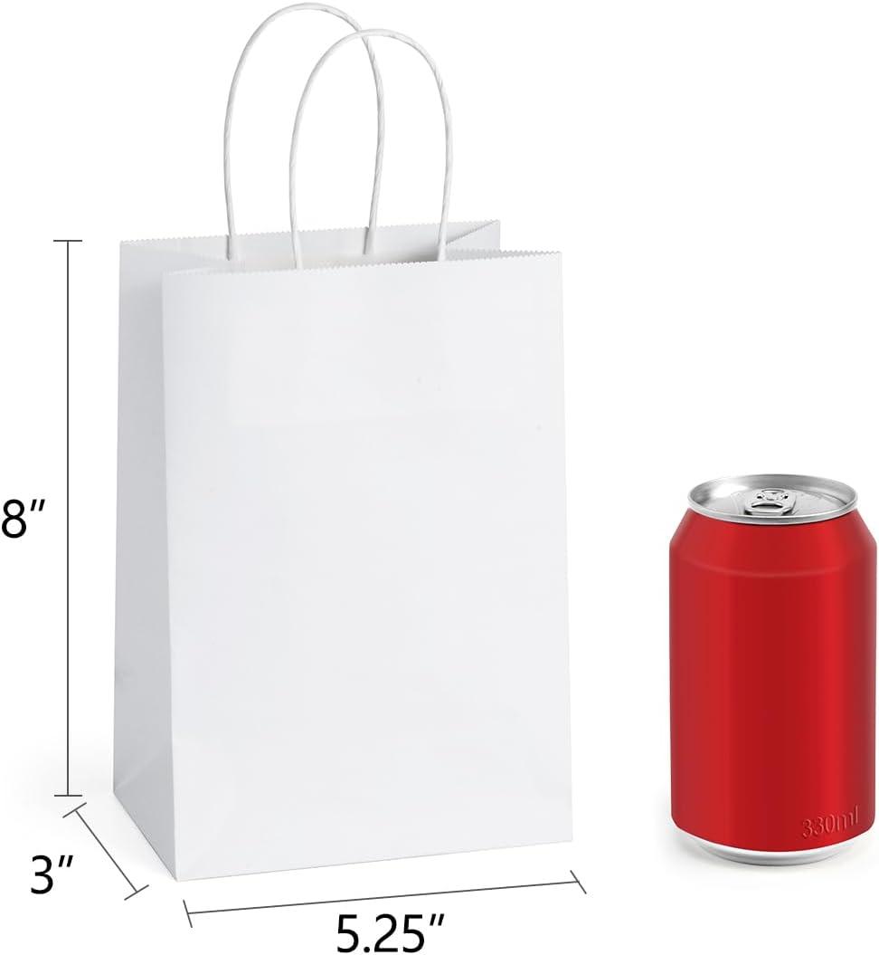 BagDream 150 Pack Small Gift Bags 5.25x3x8 Inch Kraft Paper Gift Bags with Handles Bulk Shopping Merchandise Retail Business Wholesale Birthday Party Favors Bags White Paper Sacks