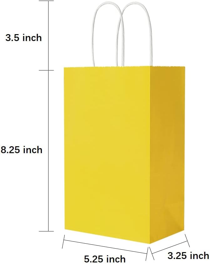 Oikss 50 Pack 5.25x3.25x8.25 Inch Small Yellow Kraft Paper Bags with Handles Bulk for Birthday Wedding Party Favors Grocery Retail Shopping Business Goody Craft Gift Bags Cub Sacks, 50 Count