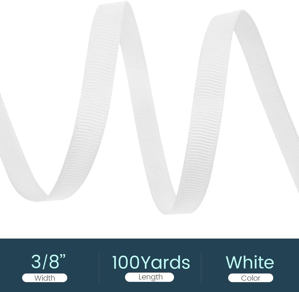 3/8" X 100 Yards White Grosgrain Ribbon, Premium Grosgrain Ribbon for Sewing, Gift Wrapping, Bow Making, Wedding Decor, Wrapping and More (White)