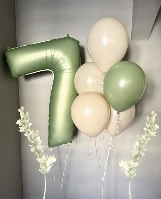 Digital Number 7 Sage Green Birthday Balloon 40 Inch, Foil Balloons for 7 17 27 70 77 Party Decorations Supplies, Oliver Green Mylar Numbers Balloon for Seven Wedding Anniversary