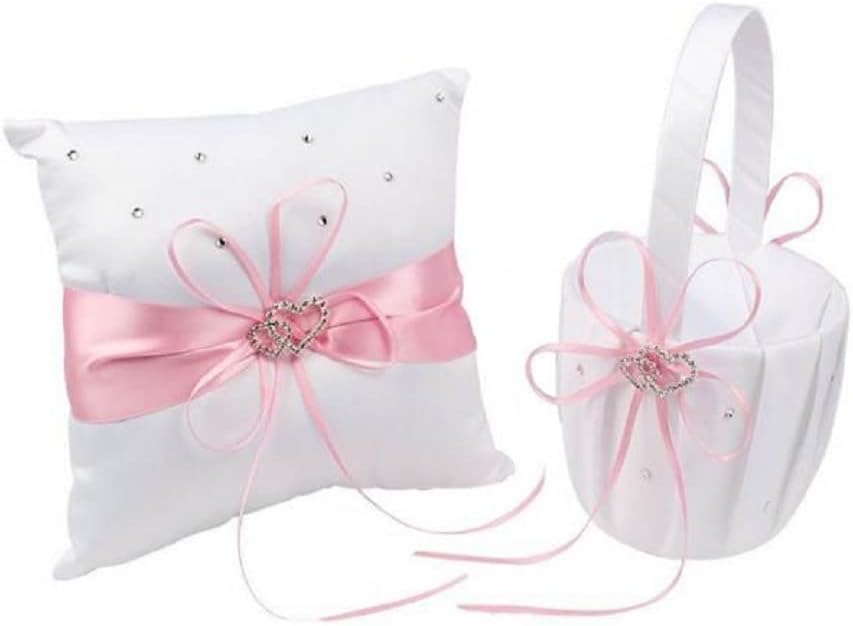 The Crafty Owl 2 Heart Rhinestones Ivort/Blue, Red, Purple, Black Trimming, Burlap,Pink Flowers or Champagne Satin Wedding Ring Bearer Pillow and Basket Set (White with Pink Trimming)