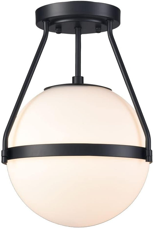 HOLKIRT Mid Century Semi Flush Mount Ceiling Light Black Globe Ceiling Light Modern Light Fixture with White Opal Glass Shade for Living Room Bedroom Hallway