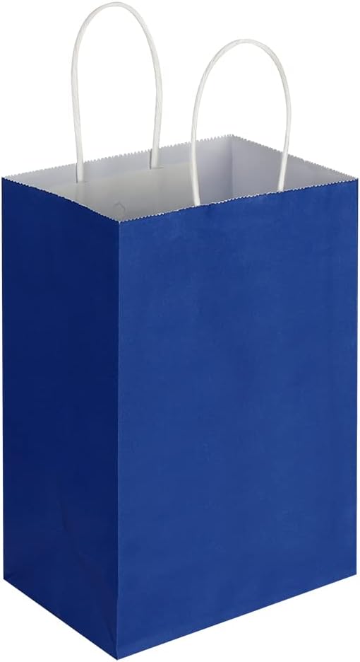 Oikss 50 Pack 5.25x3.25x8.25 Inch Small Royal Blue Kraft Paper Bags with Handles Bulk for Birthday Wedding Party Favors Grocery Retail Shopping Business Goody Craft Gift Bags Cub Sacks, 50 Count