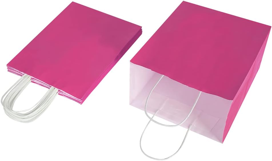 Oikss 50 Pack 8x4.75x10 Inch Medium Hot Pink Kraft Paper Bags with Handles Bulk for Birthday Wedding Party Favors Grocery Retail Shopping Business Goody Craft Gift Bags Sacks (Fuchsia 50pcs Count)