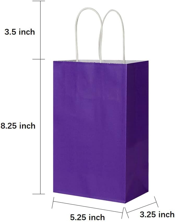 Oikss 50 Pack 5.25x3.25x8.25 Inch Small Purple Kraft Paper Bags with Handles Bulk for Birthday Wedding Party Favors Grocery Retail Shopping Business Goody Craft Gift Bags Cub Sacks, 50 Count