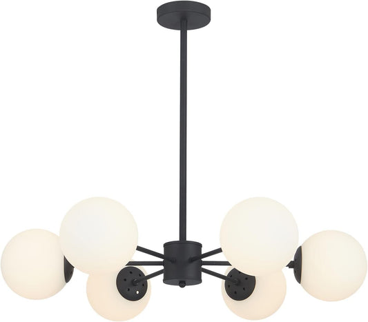 KCO Lighting Matte Black Sputnik Chandelier Light Fixture Mid Century 6-Light Milk Glass Ball Chandelier Modern Globe Flush Mount Ceiling Light Kitchen Island Dining Lighting Fixture (Black+White)