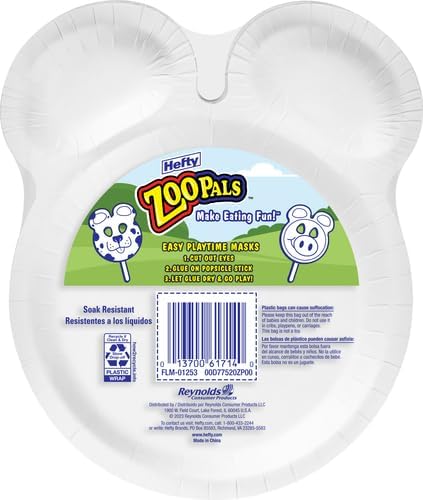 Hefty Zoo Pals Party Edition Paper Plates for Kids, Assorted Animal Designs, 7.75 Inches with Two Dipping Compartments, 20 Count (Pack of 2)