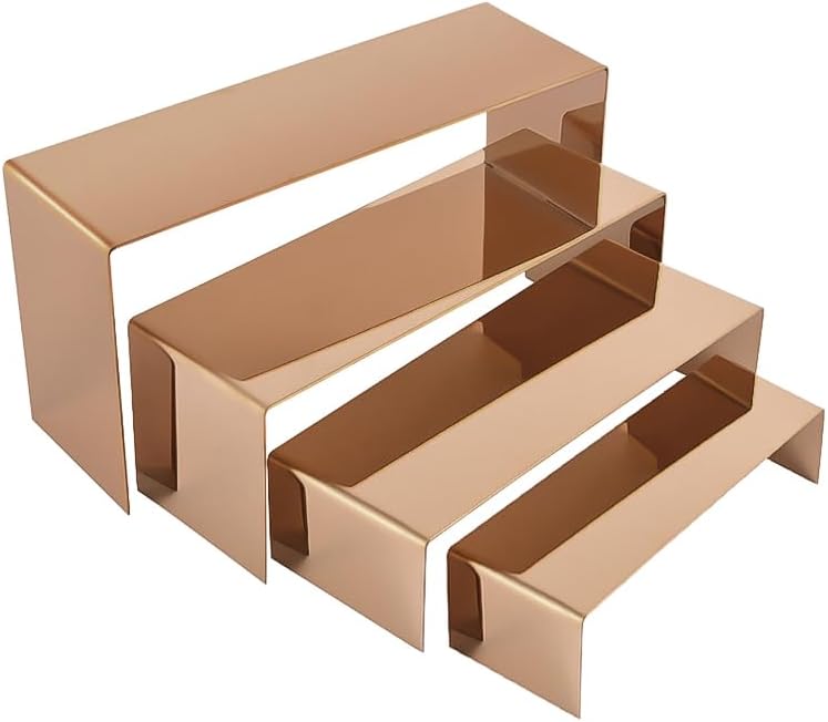 4 Pcs Stainless Steel Display Risers, Display Stand for Cupcake Dessert Perfume Purse Handbag Shoe and Funko Pop, Rose Gold