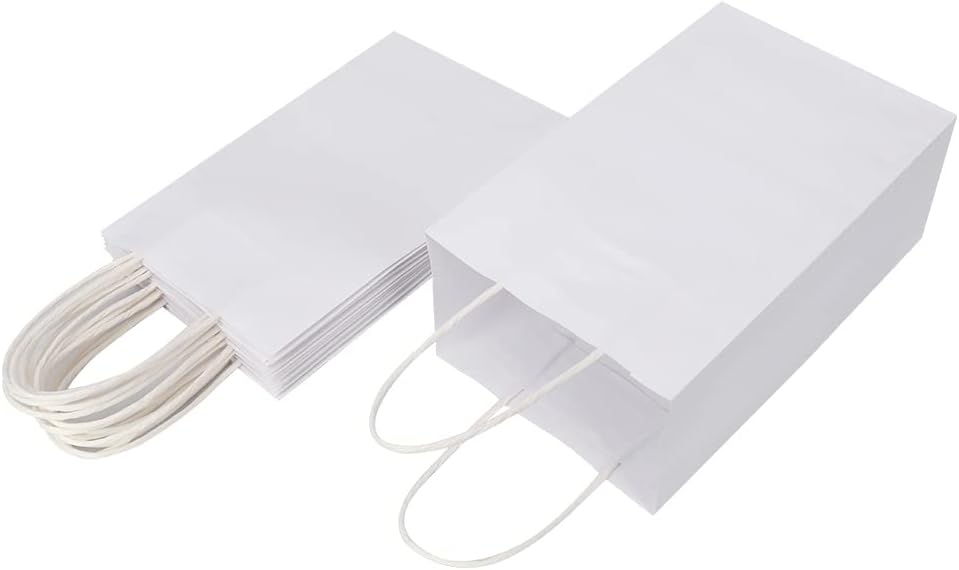 Oikss 50 Pack 5.25x3.25x8.25 Inch Small White Kraft Paper Bags with Handles Bulk for Birthday Wedding Party Favors Grocery Retail Shopping Business Goody Craft Gift Bags Cub Sacks, 50 Count