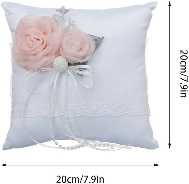 The Crafty Owl 2 Heart Rhinestones Ivort/Blue, Red, Purple, Black Trimming, Burlap,Pink Flowers or Champagne Satin Wedding Ring Bearer Pillow and Basket Set (White Lace Pink Flower Rectangular)