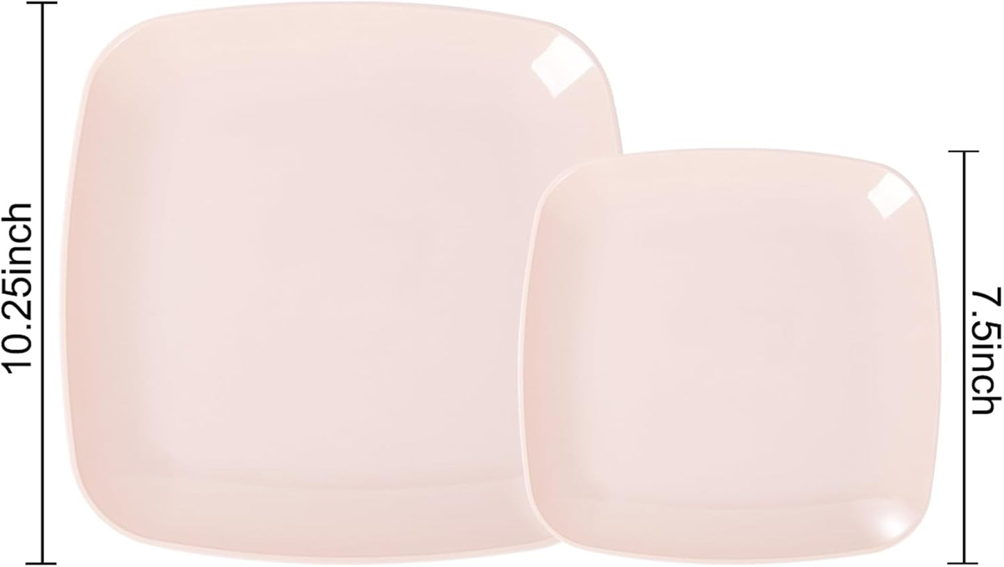 PULOTE 60PCS Pink Square Plastic Plates Disposable - Premium Quality Pink Set Include 30 Dinner / 30 Dessert Plates for Party,Wedding & Mother’s Day
