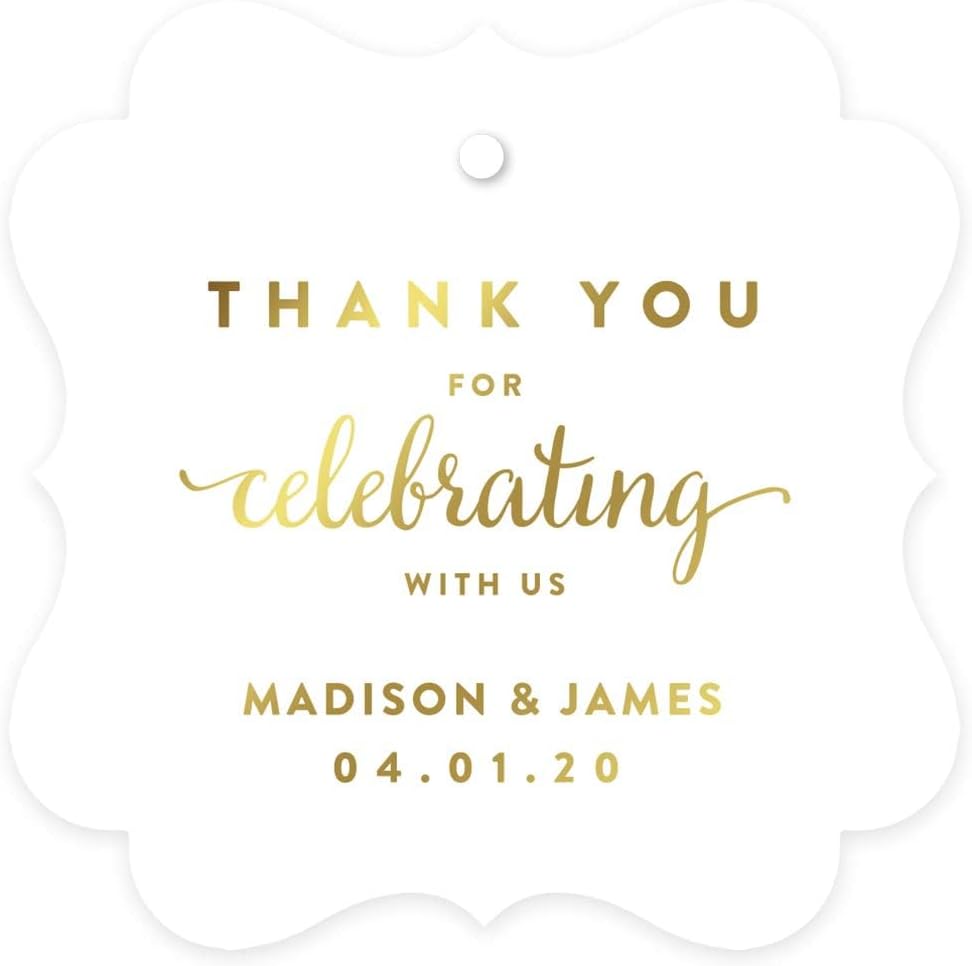 Andaz Press Personalized Fancy Frame Square Wedding Gift Tag, Metallic Gold Custom Tags, Thank You for Celebrating with US, 24-Pack, Custom Name Thank You Tag, 2x2 Personalized Gift Tags for Favors