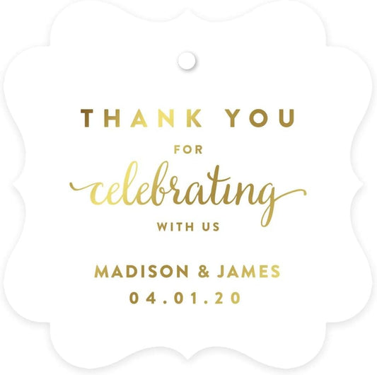 Andaz Press Personalized Fancy Frame Square Wedding Gift Tag, Metallic Gold Custom Tags, Thank You for Celebrating with US, 24-Pack, Custom Name Thank You Tag, 2x2 Personalized Gift Tags for Favors