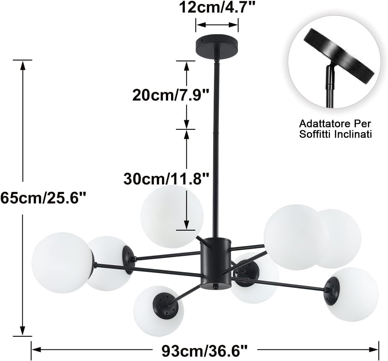 KCO Lighting Black Sputnik Chandelier Ceiling Mount 8-Light Glass Globe Sputnik Chandelier Mid Century Modern Chandelier Light Fixture Kitchen Island Sputnik (Black+White)